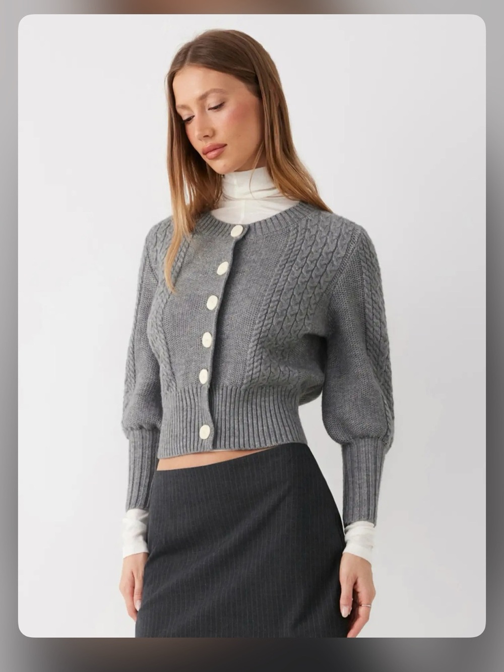 CABLE KNIT ROUND NECKLINE LANTERN SLEEVE CARDIGAN S WC15-19